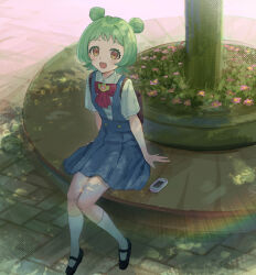  1girl :d backpack bag black_shoes blue_skirt bow bowtie brown_bag brown_eyes collared_shirt commentary_request double_bun flower full_body green_hair hair_bun highres looking_at_viewer mary_janes medium_hair onegai_aipri open_mouth outdoors pink_flower pleated_skirt pretty_series red_bow red_bowtie shirt shoes short_bangs sitting skirt smile socks solo suspender_skirt suspenders tomosaka_gumi white_shirt white_socks zeroarchive00 