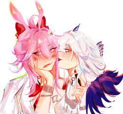  2girls absurdres animal_ears aqua_eyes bow bowtie bracelet coat commentary english_commentary evanescia_(honkai:_star_rail) flower fox_ears fox_girl fur_collar gold_bracelet hair_flower hair_ornament highres honkai:_star_rail honkai_(series) jewelry lipstick lipstick_mark lipstick_mark_on_face looking_at_viewer makeup multicolored_eyes multiple_girls peacock_feathers peacock_feathers_hair_ornament pink_hair portrait profile red_bow red_bowtie red_lips shirt short_hair_with_long_locks simple_background sleepybelleza straight-on two-tone_eyes violet_eyes white_background white_coat white_hair white_shirt yao_guang_(honkai:_star_rail) yuri 