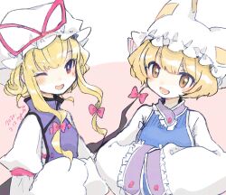  2girls :d ;d blonde_hair blue_tabard bow commentary_request dated dress gap_(touhou) hair_bow hands_in_opposite_sleeves hat hat_ribbon m_(m073111) mob_cap multiple_girls one-hour_drawing_challenge one_eye_closed purple_tabard red_bow red_eyes red_ribbon ribbon short_hair smile tabard touhou upper_body white_dress white_hat yakumo_ran yakumo_yukari yellow_eyes 