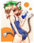  akishisu_(air_balance) animal_ears brown_hair cat_ears cat_tail chen earrings hat highres jewelry multiple_tails one-piece_swimsuit school_swimsuit short_hair swimsuit tail touhou water_gun 
