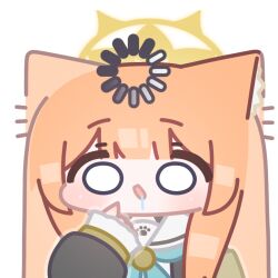  1girl animal_ear_fluff animal_ears blue_archive blunt_bangs blush chibi commentary dress drooling english_commentary halo hand_up horuhara loading_icon long_hair long_sleeves mari_(blue_archive) neckerchief no_nose o_o open_mouth orange_hair paw_print puffy_long_sleeves puffy_sleeves saliva solo yellow_halo 