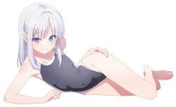  1girl ass bare_shoulders barefoot black_one-piece_swimsuit blue_eyes blush breasts closed_mouth collarbone commentary_request competition_swimsuit feet katsushika_yuki legs legs_up long_hair looking_at_viewer lying on_back on_side one-piece_swimsuit original short_hair simple_background small_breasts solo swimsuit toes violet_eyes white_background white_hair 