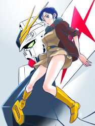  1girl absurdres aobito_sukoyaka_bystander blue_eyes blue_hair brown_jacket chan_agi char's_counterattack commentary_request earth_federation earth_federation_space_forces gundam highres jacket mecha mecha_focus mobile_suit nu_gundam open_clothes open_jacket robot science_fiction short_hair zero_gravity 