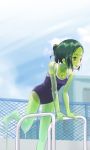  arm_support goo_girl green_hair green_skin monster_girl one-piece_swimsuit original ponytail red_eyes school_swimsuit see-through short_hair solo swimsuit 