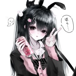  1girl animal_ear_hairband animal_ears animal_on_head bag black_bag black_bow black_bowtie black_cat black_eyes black_hair black_hairband black_jacket blazer blush bow bowtie buttons can cardigan cat cat_on_head collared_shirt diagonal-striped_bow diagonal-striped_bowtie diagonal-striped_clothes drink_can fake_animal_ears food-themed_hair_ornament ghost hair_between_eyes hair_ornament hairband hairclip hello_kitty highres holding holding_can jacket long_hair long_sleeves looking_at_viewer on_head open_mouth original pink_cardigan rabbit_ear_hairband rabbit_ears rabbit_hair_ornament sanrio school_uniform shirt shoulder_bag simple_background solo speech_bubble straight_hair strawberry_hair_ornament striped_bow striped_bowtie striped_clothes two_side_up upper_body v white_background white_shirt xiao_sui_tingyu 