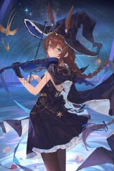  1girl absurdres amiya_(arknights) amiya_(medic)_(arknights) amiya_(medic)_(solo_around_the_world)_(arknights) animal_ears arknights black_cape black_dress black_gloves blue_eyes blush braid braided_ponytail brown_hair cape chenmu_sora commentary dress ears_through_headwear extra_ears frilled_dress frilled_hat frills from_side gloves hair_between_eyes hands_up hat highres holding holding_instrument holding_violin infection_monitor_(arknights) instrument jewelry light_frown long_hair looking_at_viewer looking_back multiple_rings night pantyhose playing_instrument playing_violin rabbit_ears rabbit_girl ring sky sleeveless sleeveless_dress solo star_(sky) starry_sky thumb_ring untranslatable_commentary very_long_hair violin witch_hat 