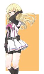  1girl baseball_uniform belt bike_shorts bike_shorts_under_skirt black_belt black_gloves blonde_hair border cinderella_series clenched_teeth commentary_request fanny_pack fingerless_gloves floating_hair gloves green_eyes hachigatsu_no_cinderella_nine hand_on_own_head hand_on_own_thigh highres kneehighs long_hair neckerchief nozaki_yuuki outside_border pink_neckerchief renta_kita sailor_collar satogahama_baseball_uniform shirt shirt_under_shirt skirt smile socks solo sportswear striped_clothes striped_shirt teeth vertical-striped_clothes vertical-striped_shirt white_border white_sailor_collar white_skirt 