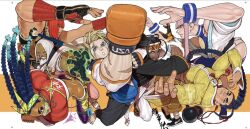  3girls 4boys beads beard black_hair blonde_hair bomb braid dark-skinned_female dark_skin dougi dreadlocks explosive facial_hair fighting_stance fingerless_gloves gloves hat jamie_siu jp_(street_fighter) kicking kimberly_jackson long_hair luke_sullivan manon_legrand marisa_(street_fighter) mask multiple_boys multiple_girls muscular native_american ninja ponytail prayer_beads punching rashid_(street_fighter) school_uniform single_braid street_fighter street_fighter_6 tatsu_yukinobu very_dark_skin 
