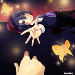  beret black_hair blue_eyes butler butterfly dark_hair hand kanon_(umineko) kuatas lying male reaching stake stakes_of_purgatory umineko_no_naku_koro_ni ushiromiya_jessica 