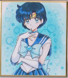  1girl back_bow bishoujo_senshi_sailor_moon blue_bow blue_bowtie blue_choker blue_eyes blue_hair blue_skirt bow bowtie chikoto_(kztc4472) choker circlet commentary_request elbow_gloves gloves highres looking_at_viewer magical_girl mizuno_ami pleated_skirt sailor_mercury sailor_senshi_uniform short_hair skirt solo traditional_media white_gloves 