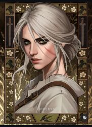  1girl artist_name black_eyeliner black_eyeshadow ciri closed_mouth eyeliner eyeshadow from_side green_eyes hair_between_eyes hair_bun hair_up highres looking_at_viewer makeup nose parted_bangs portrait scar scar_on_cheek scar_on_face shirt shoulder_strap the_witcher_(series) viccerys white_hair 