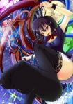  1girl black_hair black_legwear campbell_(pixiv) fang feet houjuu_nue moon pov_feet red_eyes soles solo star_(sky) thigh-highs thighs toes touhou ufo wings 