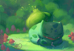  backlighting bulbasaur closed_eyes commentary david_talaski english_commentary fangs grass grass_type_theme_(pokemon) mushroom nature no_humans pokemon pokemon_(creature) sleeping 