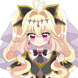  1girl antenna_hair biwako_(biwa27) black_bow black_capelet black_dress blonde_hair bow brooch capelet cure_arcana_shadow diamond_hairband dress frilled_capelet frilled_cuffs frills gradient_hair hair_intakes hair_lift heart heart_brooch highres holding_own_hair jewelry long_hair looking_at_viewer magical_girl meitantei_precure! moria_luluka multicolored_hair precure purple_veil purple_wrist_cuffs simple_background twintails upper_body veil very_long_hair violet_eyes white_background wrist_cuffs 
