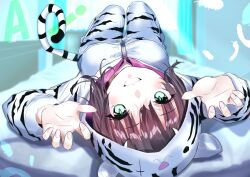  1girl :d alternate_costume animal_costume animal_ears animal_hood animal_print aoi_erika arms_up black_hair blurry blurry_background blush breasts byakko_(heaven_burns_red) character_costume character_name claw_pose commentary_request eyes_visible_through_hair fake_animal_ears fake_tail fingernails foreshortening full_body fur-trimmed_sleeves fur_trim grin hair_between_eyes hair_ribbon heaven_burns_red highres hood hood_up indoors knees_up long_sleeves looking_at_viewer lying medium_breasts medium_hair munakurasora on_back on_bed ribbon smile solo story_in_commentary tail tiger_costume tiger_ears tiger_hood tiger_print tiger_tail upside-down zipper 