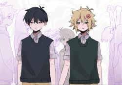  >_< 2girls 6+boys antenna_hair arms_up aubrey_(headspace)_(omori) aubrey_(omori) basil_(faraway)_(omori) basil_(headspace)_(omori) basil_(omori) black_eyes black_hair black_sweater_vest blonde_hair bright_pupils closed_eyes collared_shirt commentary double-parted_bangs dual_persona flower flower_wreath green_sweater_vest hair_between_eyes hair_flower hair_ornament head_wreath hero_(headspace)_(omori) hero_(omori) highres inu_1000y kel_(headspace)_(omori) kel_(omori) long_hair long_sleeves looking_at_viewer mari_(headspace)_(omori) mari_(omori) multiple_boys multiple_girls omori omori_(omori) parted_lips shirt short_hair short_sleeves sidelocks sunny_(omori) sweater_vest white_pupils white_shirt 