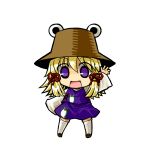  chibi frog hair_ribbon hat highres moriya_suwako purple_eyes ribbon simple_background socha solo touhou violet_eyes 