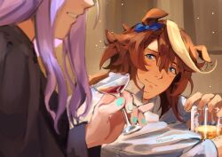  2girls absurdres animal_ears aqua_nails blue_bow blue_eyes bow brown_hair closed_mouth cocktail_glass commentary cup drinking_glass ear_bow english_commentary grin hair_between_eyes highres holding holding_cup horse_ears horse_girl long_hair long_sleeves mejiro_mcqueen_(umamusume) multiple_girls purple_hair smile tapeanna tokai_teio_(umamusume) umamusume 