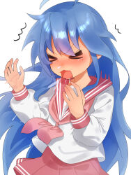  >_< 1girl ahoge blue_hair blush commentary gsa082rnw highres huge_ahoge izumi_konata long_hair lucky_star mole mole_under_eye neckerchief nose_blush open_mouth pink_neckerchief red_sailor_collar ryouou_school_uniform sailor_collar school_uniform serafuku skirt sneezing snot solo upper_body white_background 