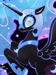  animal animal_focus blue_eyes blue_shoes commentary cutie_mark english_commentary feathered_wings glitch gradient_hair helmet highres horns jewelry june_buns long_hair looking_at_viewer multicolored_hair my_little_pony my_little_pony:_friendship_is_magic necklace nightmare_moon no_humans princess_luna rearing shoes single_horn slit_pupils solo very_long_hair winged_unicorn wings 