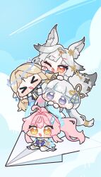  >_< 4girls :3 aemeath_(wuthering_waves) ahoge animal_ear_fluff animal_ears blonde_hair blue_sky blush_stickers cartethyia_(wuthering_waves) chibi chibi_only clouds cloudy_sky commentary_request fang fox_ears fox_girl fox_tail grey_eyes hair_intakes hair_ornament highres hsin_(wuthering_waves) jinhsi_(wuthering_waves) multiple_girls one_eye_closed open_mouth paper_airplane pink_hair red_eyes sitting sky star-shaped_pupils star_(symbol) symbol-shaped_pupils syurikenmaru tail tail_ornament white_hair wuthering_waves yellow_eyes 