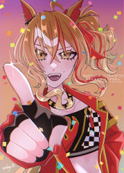  1girl ahoge animal_ears black_gloves black_tank_top collarbone commentary_request crossed_bangs earrings fingerless_gloves gloves hair_between_eyes highres horse_ears horse_girl jacket jewelry jungle_pocket_(umamusume) multiple_earrings notched_ear odag_18 open_clothes open_jacket open_mouth ponytail red_nails sidelocks solo sweatdrop tank_top umamusume watermark yellow_eyes yellow_jacket 