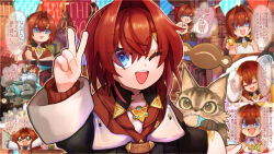  1girl :d ange_katrina ange_katrina_(1st_costume) ange_katrina_(summer_casual) ark_survival_evolved arm_up baby_bottle banken_(inui_toko) bed bee_(minecraft) black_coat blue_eyes bottle box brown_cat cardigan cat character_doll character_request coat commentary_request crossed_bangs dated doll english_commentary gift gift_box hair_between_eyes hair_intakes happy_birthday hatching_(texture) highres holding holding_pacifier holding_rattle indoors linear_hatching long_sleeves looking_at_viewer medium_hair minecraft mixed-language_commentary multicolored_eyes multiple_views nijisanji off_shoulder one_eye_closed open_mouth orange_outline outline pacifier rattle red_cardigan red_hair sebastian_piyodore smile string_of_flags teeth translation_request two-tone_eyes umigaya_aimi upper_body upper_teeth_only v variant_set violet_eyes virtual_youtuber 