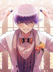  1boy ^_^ absurdres backlighting black_bow blue_hair blue_nails blurry blush bow bowtie bridal_veil closed_eyes collared_shirt commentary_request contrast_lapels corsage depth_of_field flower flower_request gold_trim grin hair_between_eyes hands_up highres indoors jacket kuki_ko lace_trim lapels leaning_forward lens_flare leviathan_(obey_me!) lifting_another's_clothes male_focus obey_me!:_one_master_to_rule_them_all! obey_me!_(series) open_clothes open_jacket orange_bow orange_bowtie orange_flower pov raised_inner_eyebrows red_vest shawl_lapels shirt short_hair smile solo sparkle straight-on striped_clothes striped_vest swept_bangs two-tone_vest variant_set veil vertical-striped_clothes vertical-striped_vest very_short_hair vest waistcoat white_jacket white_shirt window yellow_flower 