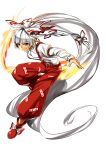  absurdres alternate_hairstyle bow fire fujiwara_no_mokou hair_bow hair_ribbon highres long_hair long_sleeves nana_g outstretched_arms pants ponytail pose red_eyes ribbon shirt shoes silver_hair solo spread_arms suspenders touhou transparent_background very_long_hair white_shirt 