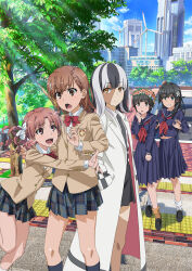  5girls :d anime_coloring black_eyes black_hair black_necktie black_shoes black_skirt black_socks blazer blu-ray_cover blue_eyes blue_serafuku blue_socks bow bowtie breasts brown_eyes brown_hair closed_mouth collared_shirt colored_skin cover dark-skinned_female dark_skin day dvd_cover emblem floating_hair flower grin hair_bow hair_flower hair_ornament jacket kneehighs kuriba_ryouko lab_coat light_rays long_hair long_sleeves looking_at_another looking_at_viewer medium_hair medium_skirt midriff miniskirt misaka_mikoto multicolored_hair multicolored_skin multiple_girls navel neckerchief necktie official_art open_mouth orange_flower orange_socks outdoors plaid_clothes plaid_skirt pleated_skirt purple_sailor_collar purple_shirt purple_skirt red_bow red_bowtie red_neckerchief sailor_collar sailor_shirt sakugawa_school_uniform saten_ruiko school_emblem school_uniform second-party_source serafuku shirai_kuroko shirt shoes short_hair skirt small_breasts smile socks standing stomach straight_hair sunbeam sunlight tanaka_yuuichi teeth toaru_kagaku_no_railgun toaru_kagaku_no_railgun_t toaru_majutsu_no_index tokiwadai_school_uniform twintails two-tone_hair two-tone_skin uiharu_kazari upper_teeth_only white_bow white_flower white_hair white_socks wind_turbine winter_uniform yellow_eyes 