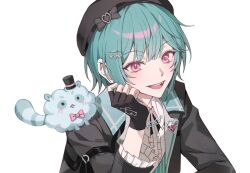 1boy :d animal_on_shoulder aqua_hair arm_strap beret black_gloves black_hat black_jacket bow collared_shirt commentary_request contrast_lapels curled_fingers fingerless_gloves gloves hair_ornament hairclip hand_on_own_face hand_up hat hat_bow highres jacket kiheon3_3 lapels looking_at_viewer male_focus notched_lapels open_clothes open_jacket parallel_hairclips pink_eyes portrait sei_(undays) shirt simple_background smile solo teeth undays upper_teeth_only utaite virtual_youtuber white_background white_shirt 