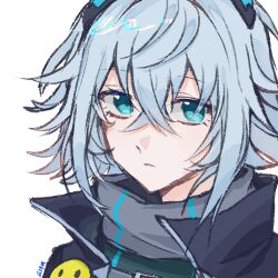  1girl badge black_jacket blue_eyes blue_hair button_badge chinese_commentary commentary_request expressionless grey_scarf hair_ornament icey icey_(game) jacket lingqi25519 portrait scarf short_hair simple_background smiley_face white_background 