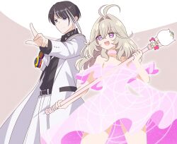  1boy 1girl antenna_hair black_hair coat collared_shirt commentary company_connection crossover dress english_commentary grey_hair hair_intakes henshin henshin_pose highres holding holding_staff jacket kamen_rider kamen_rider_zeztz_(series) long_hair long_sleeves magical_girl meitantei_precure! midnight_shadow_capsem moria_luluka multicolored_hair nox_(kamen_rider_zeztz) nox_driver opening_eyes pants precure reiei_8 rider_belt shine_arcana_rod shirt short_hair simple_background smile staff streaked_hair toei_company tokusatsu trait_connection transformation transforming_clothes violet_eyes white_background white_shirt 