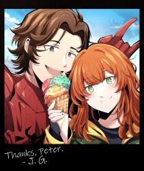  1boy 1girl absurdres blush bodysuit brown_hair food green_eyes highres ice_cream jean_grey long_hair looking_at_viewer marvel nightingalium orange_hair peter_parker red_hair short_hair spider-man spider-man:_brand_new_day spider-man_(series) superhero_costume x-men 