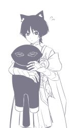  1boy animal_ear_fluff animal_ears animalization armor belt blunt_ends bridal_gauntlets cat_ears closed_mouth commentary cowboy_shot eyeliner feathers flying_sweatdrops furisode gem genshin_impact greyscale hakama hakama_shorts hands_up highres holding holding_stuffed_toy japanese_armor japanese_clothes kimono kote looking_at_object makeup male_focus mandarin_collar middle_ring monochrome person_and_animalization pingfanhh pleated_shorts pom_pom_(clothes) red_eyeliner rope scaramouche_(cat)_(genshin_impact) scaramouche_(genshin_impact) shorts side_cape spot_color stuffed_animal stuffed_toy tsurime untranslatable_commentary wanderer_(genshin_impact) white_background wispy_bangs wolf_cut 