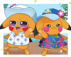  :3 blue_eyes blue_hat blue_shirt border clothed_pokemon commentary_request floral_print floral_print_shirt hat hawaiian_shirt looking_at_viewer mr._windychu ms._wavychu open_mouth outdoors pikachu pokemon pokemon_(creature) pokemon_winds_and_waves print_shirt shirt sunglasses tanshoku_kurage waving white-framed_eyewear white_border 