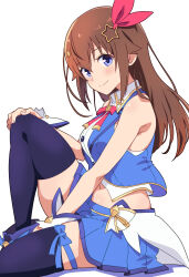  1girl absurdres blue_boots blue_eyes blue_skirt blue_thighhighs blue_vest boots bow bowtie breasts brown_hair collared_shirt commentary_request cropped_shirt cropped_vest diamond_hair_ornament from_side gold_trim hair_flaps hair_ornament hair_ribbon hand_on_own_knee highres hololive irodori_drawpic knee_up long_hair looking_at_viewer medium_breasts midriff miniskirt navel partial_commentary pink_bow pink_bowtie pleated_skirt red_ribbon ribbon shirt simple_background skirt sleeveless sleeveless_shirt solo star_(symbol) star_hair_ornament thigh-highs tokino_sora tokino_sora_(1st_costume) vest virtual_youtuber waist_cape white_background white_shirt wrist_cuffs 