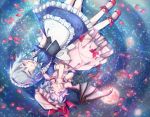  apron bat_wings blue_eyes closed_eyes enone from_above full_moon hand_on_another's_cheek hand_on_another's_face hat holding_hands izayoi_sakuya lavender_hair lying maid maid_headdress moon multiple_girls no_nose petals reflection remilia_scarlet short_hair smile touhou water wings wrist_cuffs yuri 