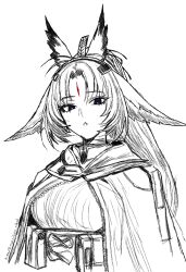 1girl animal_ears arcane_(arknights) arknights arknights:_endfield bird_ears bird_girl breasts cape cloak cropped_torso dated facial_mark feather_hair feather_hair_ornament feathers forehead_mark greyscale hair_ornament highres long_hair looking_at_viewer medium_breasts monochrome parted_bangs parted_lips ponytail pouch ribbed_sweater self-upload simple_background sketch solo spot_color sweater triangle_mouth upper_body white_background wrweider64 