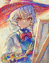  1girl absurdres apron artist_name blue_apron blue_archive bow bowtie braid canvas_(object) collared_shirt commentary_request earrings easel eri_(blue_archive) fine_art_parody hat highres impressionism indoors jewelry light_smile long_hair long_sleeves looking_at_viewer paint_palette paintbrush parody red_bow red_bowtie red_hat shirt side_braid solo triangle_earrings two-tone_hat van_gogh_self-portrait white_background white_hair white_shirt witch_hat yellow_eyes yubanayuna 