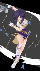  1girl 3d armor arrow_(projectile) attack attack_trail bare_legs belt black_hair blender_(medium) boots bracelet breastplate commentary commission commissioner_upload earrings english_commentary fire_emblem fire_emblem:_genealogy_of_the_holy_war gloves highres holding holding_sword holding_weapon jewelry larcei_(fire_emblem) purple_tunic serious sheath short_hair shoulder_armor sidelocks slashing solo sword theheat tomboy tunic weapon 