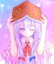  1girl blue_bow blush book bow bowtie capelet closed_mouth cococo_art commentary_request dress grimoire hair_between_eyes hair_bow highres holding holding_book lens_flare long_hair looking_at_viewer missing_headwear one_eye_closed patchouli_knowledge pink_background pink_capelet pink_dress purple_hair red_bow red_bowtie smile solo star_(symbol) striped_clothes striped_dress touhou vertical-striped_clothes vertical-striped_dress violet_eyes wide_sleeves 