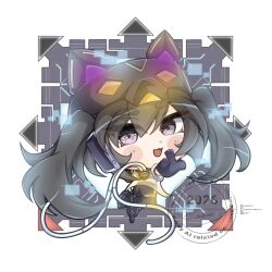  1girl absurdres bluesky_username cat_mask chibi chibi_only duel_monster fake_tail gloves highres i:p_masquerena jacket long_hair looking_at_viewer mask patreon_username realyyser roller_skates see-through_clothes see-through_jacket skates solo tail twintails twitter_username violet_eyes watermark yu-gi-oh! 