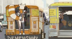  animal_ears background_request bus car copyright_request demenishki dragon_ball english_commentary full_body indie_virtual_youtuber motor_vehicle multicolored_hair orange_hair road sitting son_goku standing striped_tail tagme tail translation_request two-tone_hair virtual_youtuber wheel white_hair xyanaid 