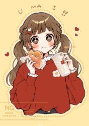  +_+ 1girl :t blush bow brown_eyes brown_hair burger check_copyright commentary_request copyright_request drink eating egg_print fingernails food frilled_shirt_collar frilled_sleeves frills ginniroya hair_bow hair_ornament hands_up heart highres holding holding_burger holding_drink holding_food long_hair long_sleeves looking_at_viewer low_twintails mcdonald's original outline puffy_long_sleeves puffy_sleeves rabbit_hair_ornament red_bow red_sweater shirt simple_background solo sweater tsukimi_burger twintails twitter_username upper_body watermark white_outline white_shirt yellow_background yellow_nails 