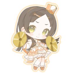  1girl ankle_socks ben-day_dots bloomers blush bow bowtie brooch brown_hair c: chibi chibi_only closed_mouth commentary_request cymbals dot_nose footwear_bow frilled_socks frills full_body furrowed_brow gakuen_idolmaster gem hair_intakes hands_up hat hat_bow head_tilt highres holding holding_instrument idolmaster instrument jewelry kuramoto_china layered_skirt long_hair long_sleeves looking_at_viewer mini_hat mini_shako_cap multicolored_shirt multicolored_skirt orange_bow orange_bowtie orange_gem orange_hat orange_outline orange_ribbon orange_shirt orange_shoes orange_skirt outline parted_bangs ribbon ribbon-trimmed_sleeves ribbon_trim screentones shako_cap shirt shoes simple_background skirt sleeve_bow smile socks solo standing thigh_bow thigh_strap tilted_headwear white_background white_bloomers white_bow white_bowtie white_shirt white_skirt white_socks yellow_eyes yuusuke_(yyy_xp) 