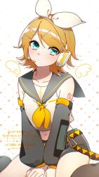  1girl aqua_eyes arms_between_legs belt black_leg_warmers black_sailor_collar black_shorts black_sleeves blonde_hair bow breasts commentary_request detached_sleeves drawn_wings hair_bow hair_ornament hairclip headphones headset highres ka_zu_neko kagamine_rin leg_warmers looking_at_viewer midriff navel neckerchief number_tattoo parallel_hairclips sailor_collar shirt short_hair shorts simple_background sitting sleeveless sleeveless_shirt small_breasts star_(symbol) tattoo treble_clef vocaloid wariza white_background white_bow white_shirt yellow_belt yellow_neckerchief yellow_trim 