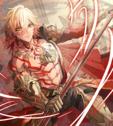  1boy abs arm_tattoo armor blonde_hair blue_gem braid chest_tattoo commission commissioner_upload facial_tattoo gauntlets gem gradient_hair highres holding holding_polearm holding_weapon honkai:_star_rail honkai_(series) iipzeyjhms0dohl jewelry kakitama lance multicolored_hair muscular muscular_male mydei_(honkai:_star_rail) necklace pauldrons polearm shoulder_armor shoulder_tattoo single_braid single_pauldron skeb_commission tattoo weapon 