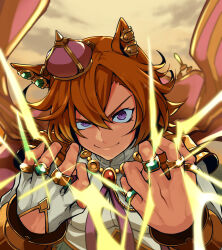  1girl animal_ears armor artist_name brown_hair cape closed_mouth clouds cloudy_sky commentary_request confident crown dated dogeyama_um dusk earrings fingerless_gloves gloves gold_armor gold_necklace hands_up highres horse_ears horse_girl jewelry light_smile long_sleeves looking_at_viewer multiple_rings necklace outdoors pauldrons pink_cape ring shirt short_hair shoulder_armor single_glove sky solo sparkle sparkling_aura t.m._opera_o_(o_sole_suo!)_(umamusume) t.m._opera_o_(umamusume) umamusume upper_body v-shaped_eyebrows vambraces violet_eyes white_shirt 