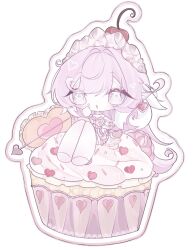  1girl cherry chibi chibi_only commentary cupcake earrings elf elysia_(hi_love_elf)_(honkai_impact) elysia_(honkai_impact) english_commentary fallenssariel food fruit heart heart_earrings highres honkai_(series) honkai_impact_3rd jewelry long_hair looking_at_viewer multicolored_hair pink_hair pointy_ears simple_background solo two-tone_hair very_long_hair violet_eyes white_background white_hair 